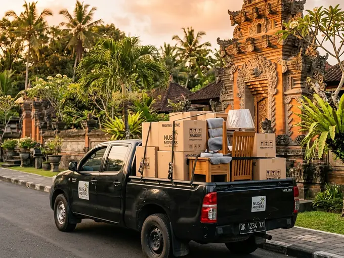 Pickup truck loaded with boxes on a Bali street with traditional temple gate